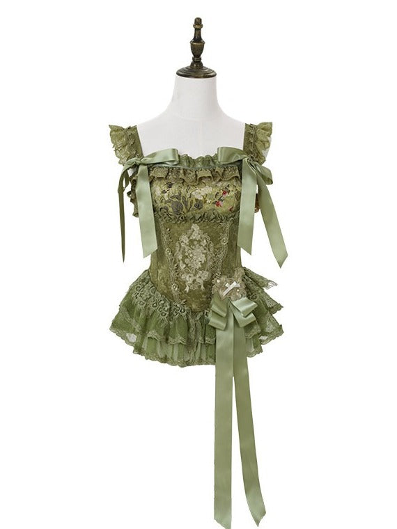 Dark Green Floral Lace Boned Corset with Satin Bow - Yimu Walnut
