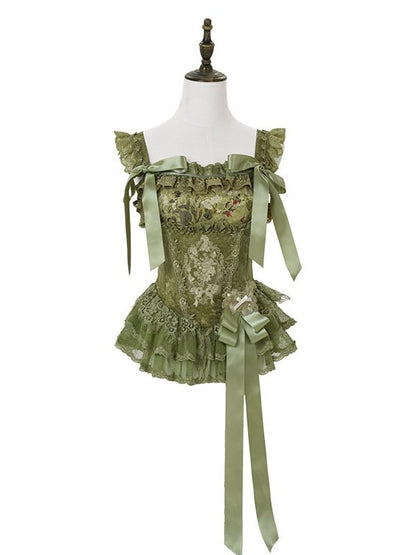 Dark Green Floral Lace Boned Corset with Satin Bow - Yimu Walnut