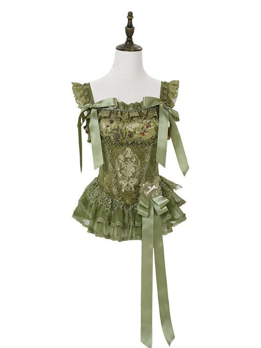 Dark Green Floral Lace Boned Corset with Satin Bow - Yimu Walnut