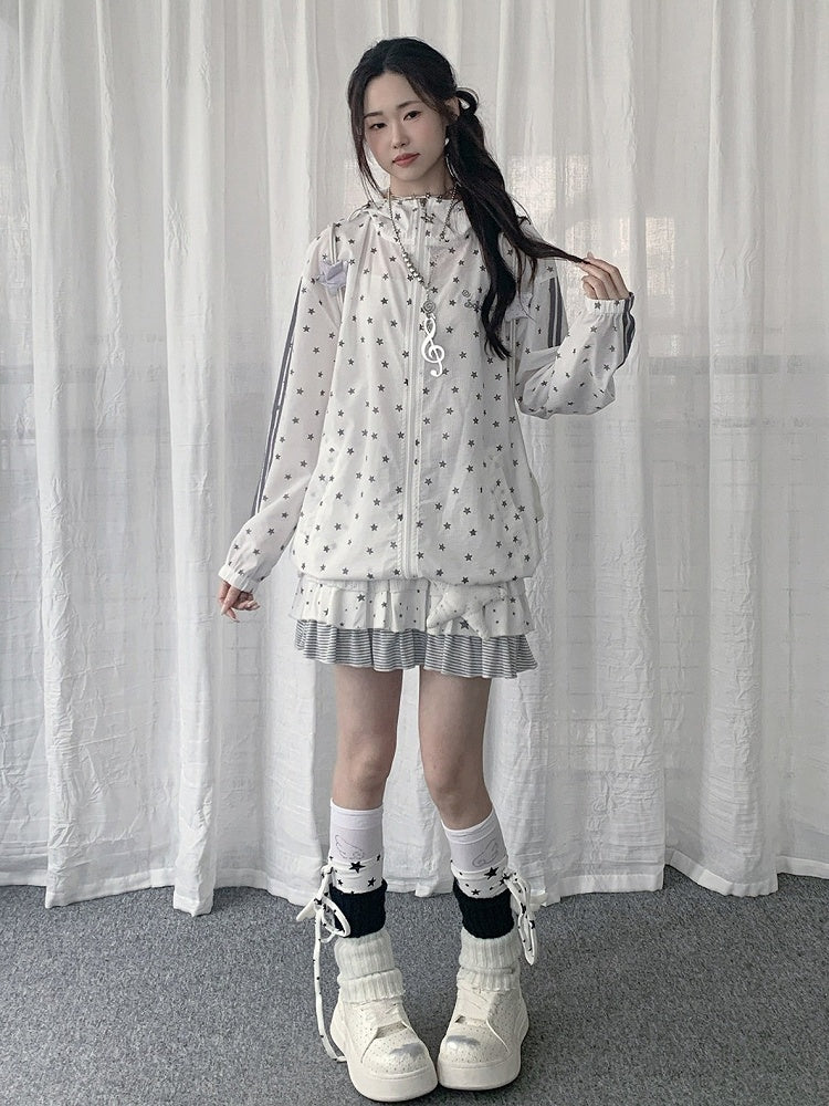White Star-Print Hooded UV-Protective Jacket