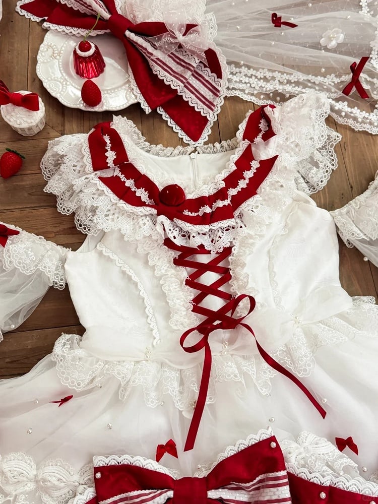 Red and Accents Lace Ruffles with Dress Lolita White Sweet Bow Layered
