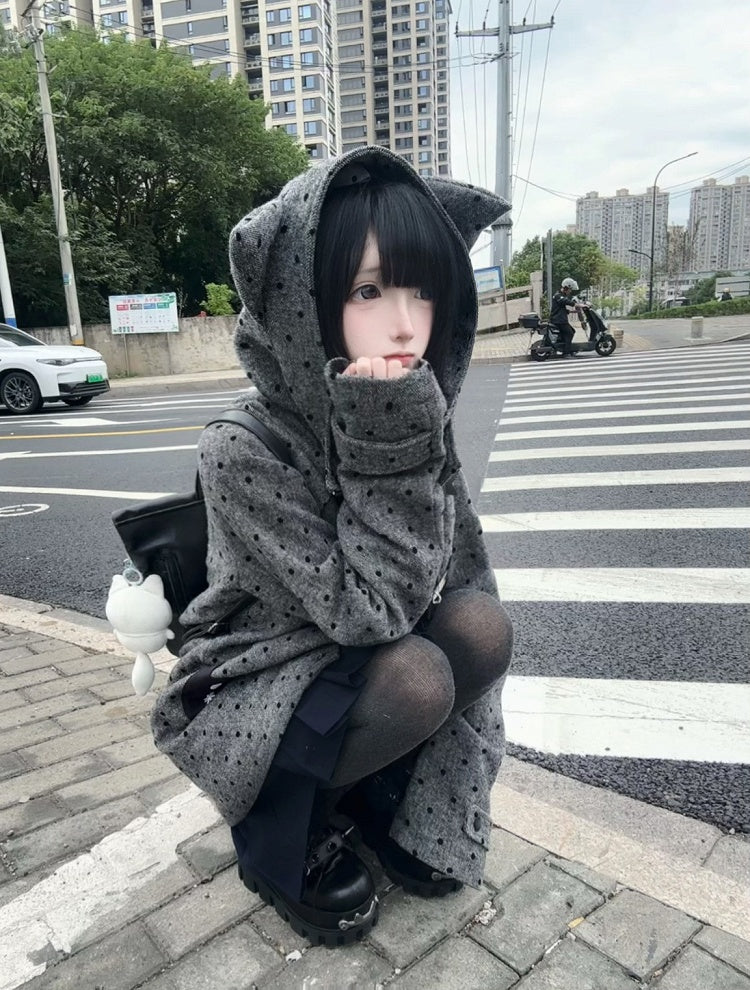 Coat Polka with Dot Cat Gray Ear Hood