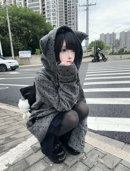 Coat Polka with Dot Cat Gray Ear Hood