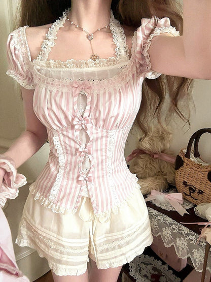 With Puff Sleeves Striped Lace Halter Top Accents Bow Pink