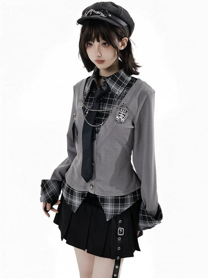 Academic Edgy Shirt Vibes Plaid Two-Piece Effortless Faux Gray –