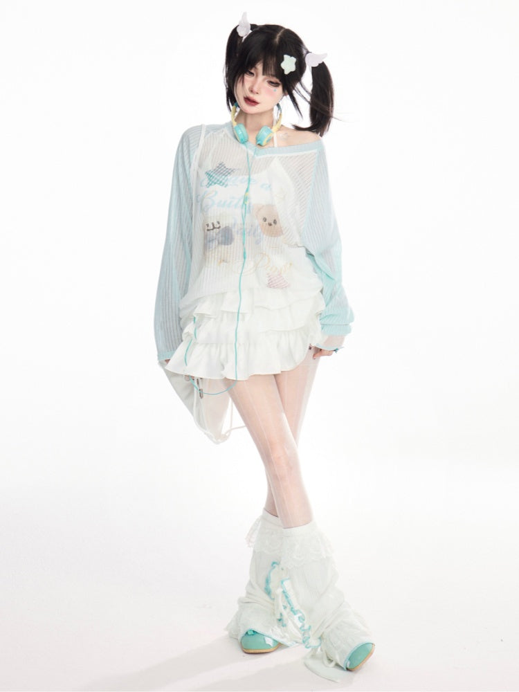 Print Blue Colorblock Bear Design V-Neck Cute Semi-Sheer Coverup