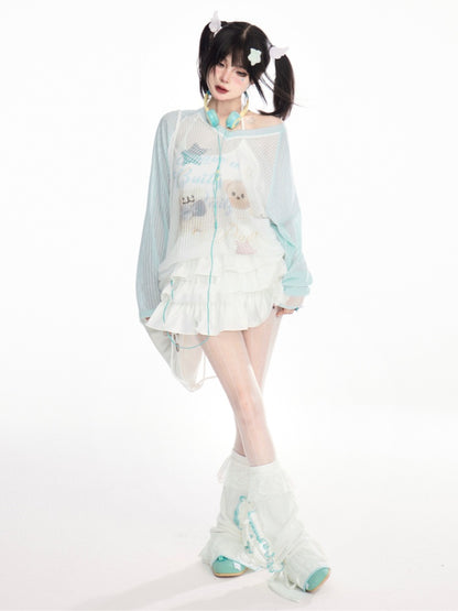 Print Blue Colorblock Bear Design V-Neck Cute Semi-Sheer Coverup