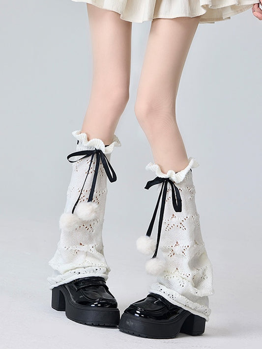 ホワイト/ブラック ロリータ リボン 蝶結び フリル カフ レッグウォーマー ポンポン付き
