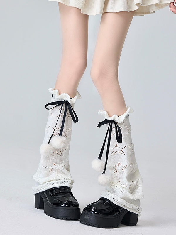 Jambières Lolita blanches/noires à volants et nœud en ruban avec pompons