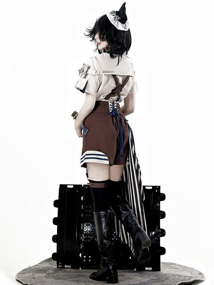 Zughemd Blauer Matrosenoverall + Kragenshorts Ouji Steampunk Gestreiftes Braunes Outfit Lolita -