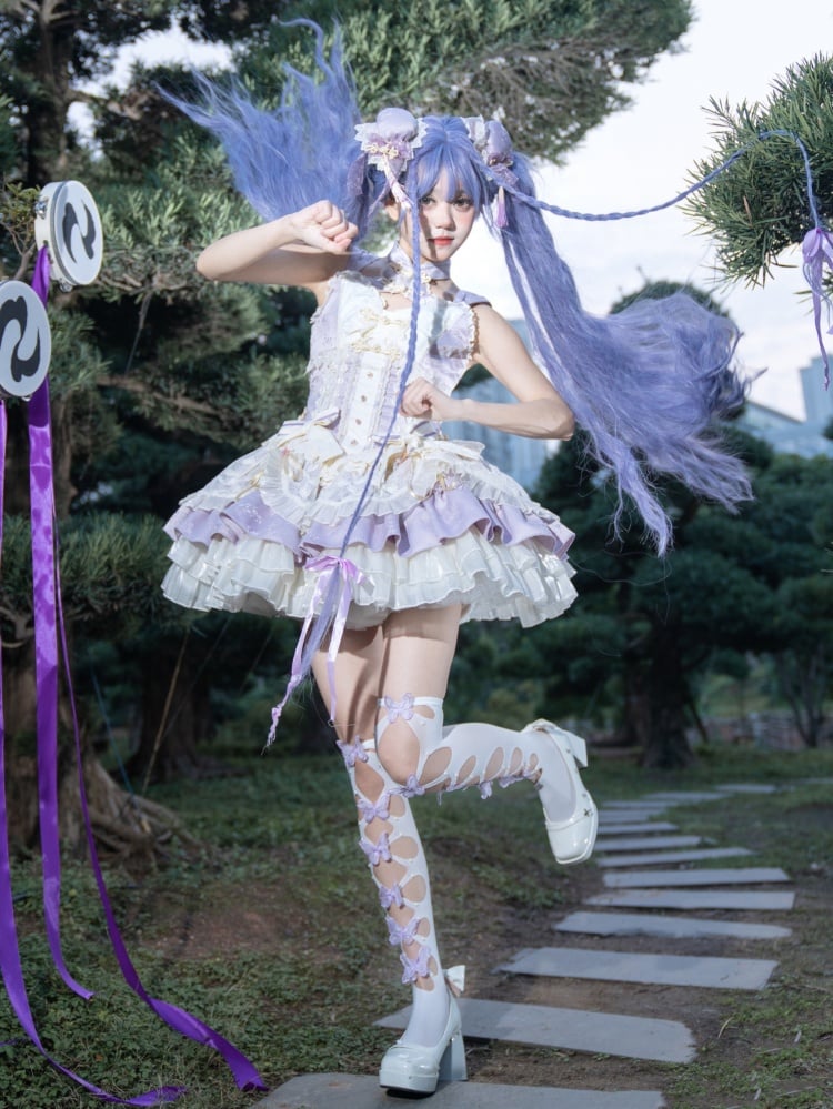 ウエストに大きなリボンが付いた紫色のコルセットウエストチーロリータドレス