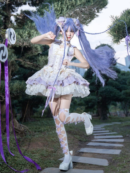 ウエストに大きなリボンが付いた紫色のコルセットウエストチーロリータドレス