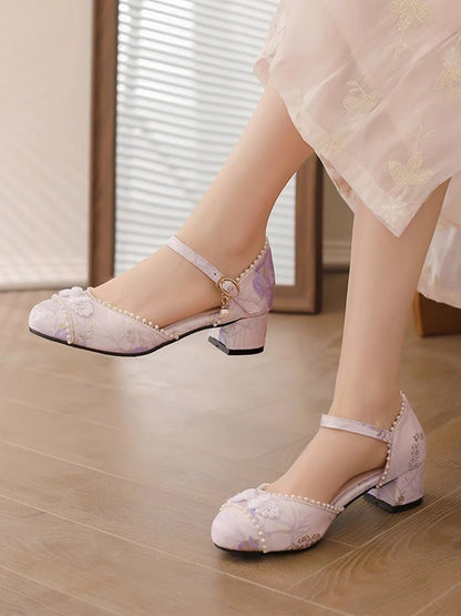 Top Details Perlen an der Ferse Lolita Qi 4cm Frosch Satin Sandalen Knopf Lila