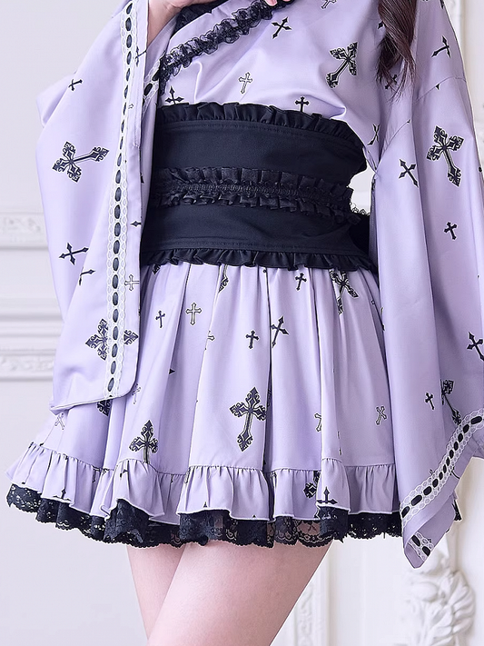 Purple Cross Details Kei Lace High Gothic Print Skirt: Waist Jirai and