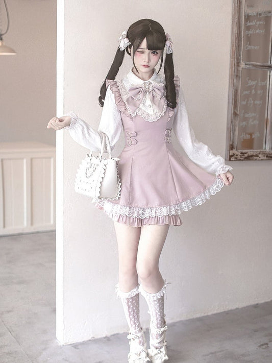 Ryousangata Pink Dress Shorts Sleeve Matching Lace Fashion Tie Trim Set Bow Long +