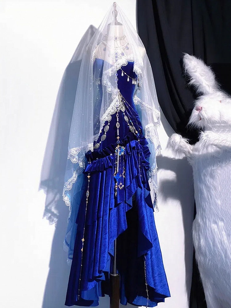 Deep Sea Blue Velvet Mermaid Skirt Backless Siren Prom Dress Evening Gown BE001