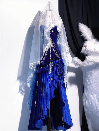 Deep Sea Blue Velvet Mermaid Skirt Backless Siren Prom Dress Evening Gown BE001