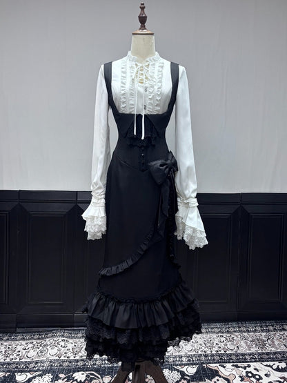 White Gothic Ruffle Lolita Blouse with Black Bow Mermaid Skirt Set - The First Witch