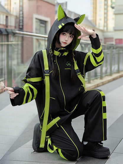 Black and Green Futuristic Cyber Techwear Buckle Straps Cat Ears Hooded Windbreaker Jacket