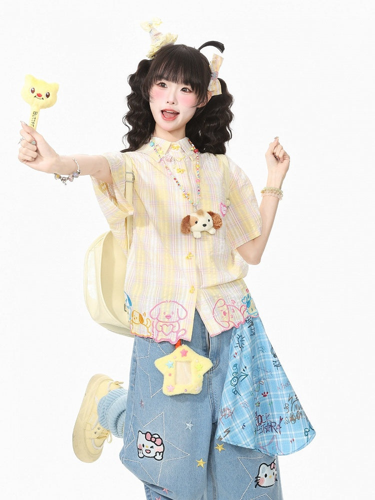 Golden Tartan Short-Sleeve Blouse with Pup Hem and Ribbon Closures - Languid Park