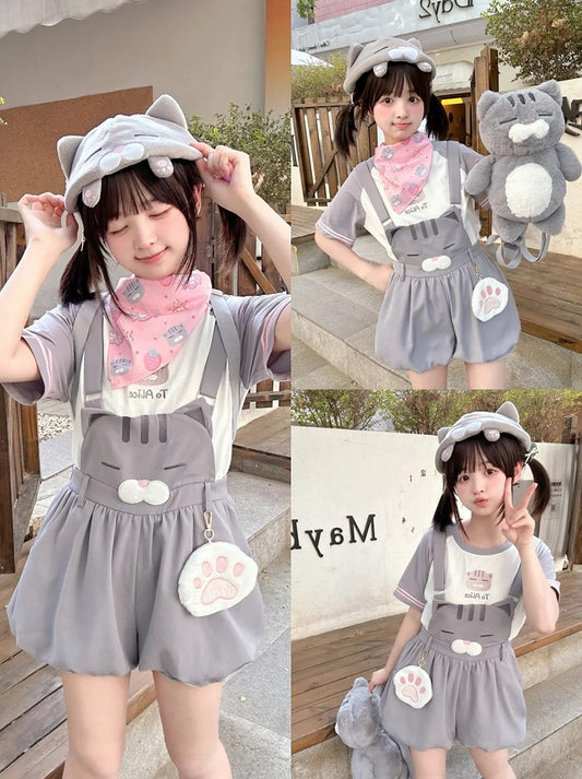 Shorts Bubble Overalls Entzückendes Kätzchenmuster Grau