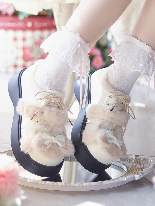 Bow Bear White at Leather Themed PU - Lolita Top Sweet with Platforms