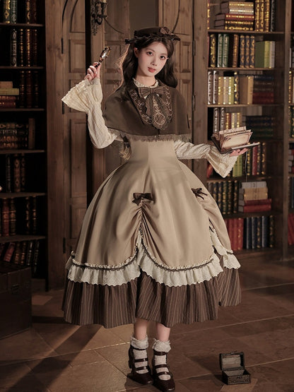 Brown Striped Faux Two-Piece Lolita Dress Outfit with Cape, Jabot & Mini Hat - With PUJI