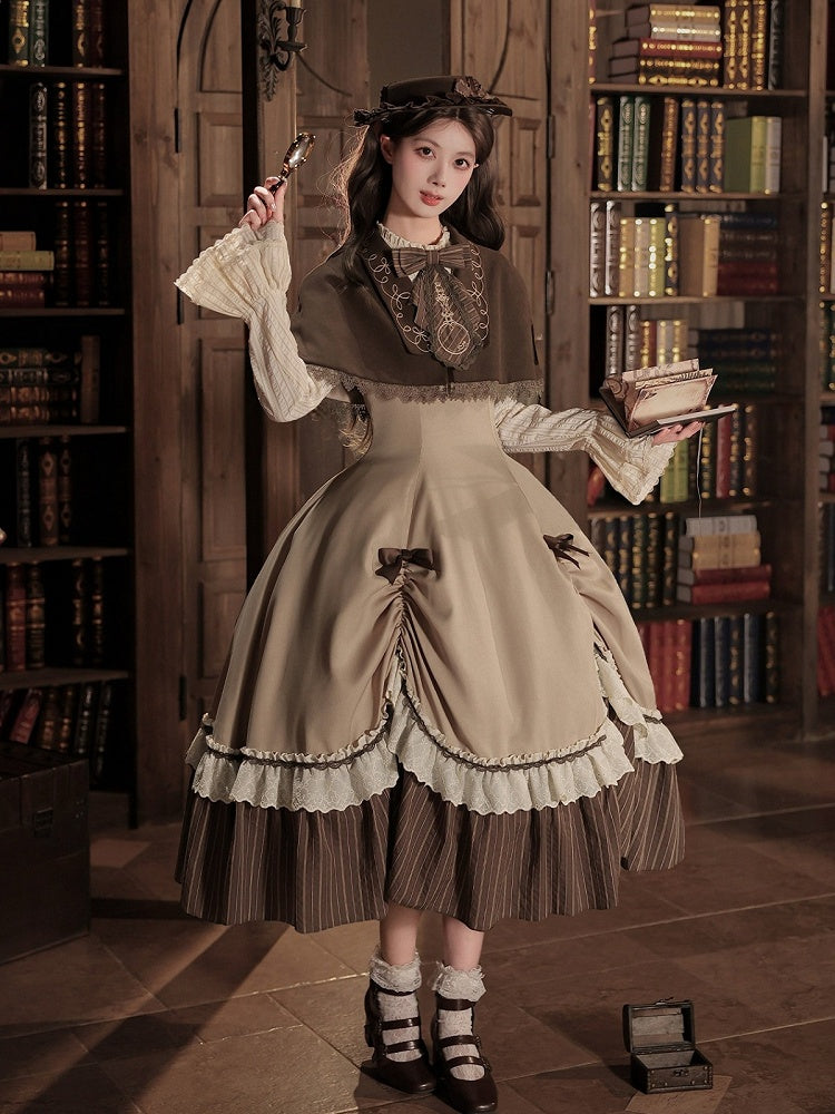 Brown Striped Faux Two-Piece Lolita Dress Outfit with Cape, Jabot & Mini Hat - With PUJI