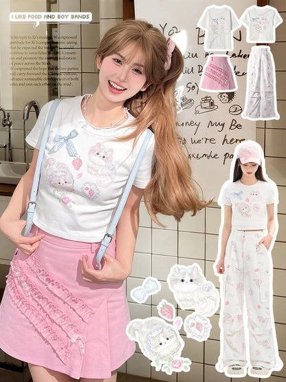 Long/Short Version Adorable Kitty Print Creamy White Round Neck T-Shirt