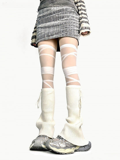 Black/White/Gray Knitted Warmers Flared Leg Strappy