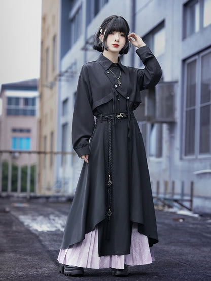 Double-Layer Split Skirt Irregular with Pleated Black Purple Hem Cheongsam Regular/Thin