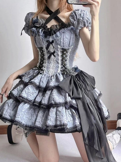 OP Floral Black Skirt Multi-Layered Lolita Dress Dark with and Blue Texture