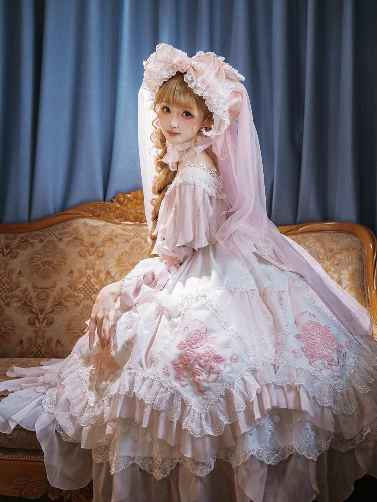 Ruffles Hanayome Light Dress Pink Version Accents with Layered Flowing JSK Lolita Rose Long