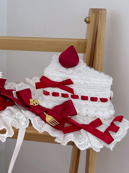 Triangle With Clips Red Mini White Hat Sweet Cake Lolita