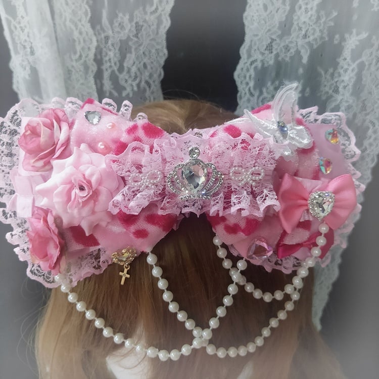 Leoparden-Design, Charm-Muster, Spitze, Schleife, rosa Perlen, Haarspange, Blumen-Strass verziert