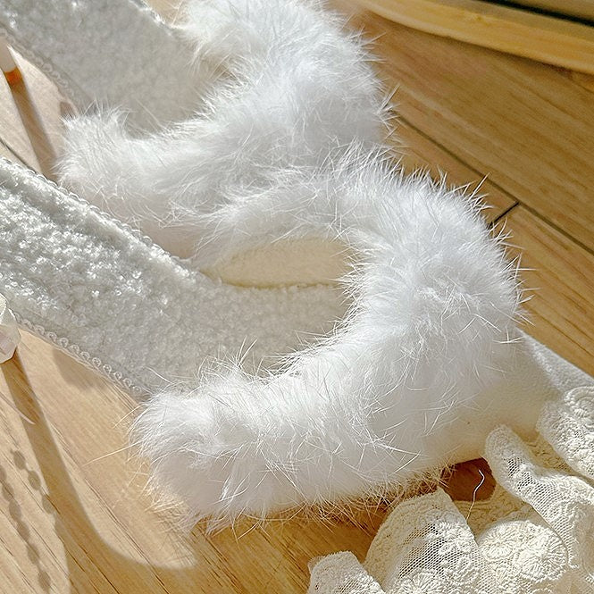Details Bow Toe Lolita with Elegant Plush Pointed Accents White High-heel Mules