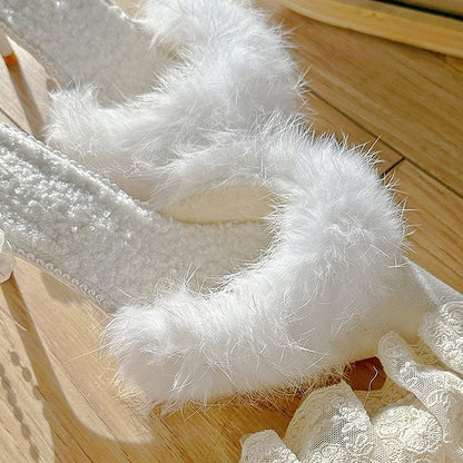Details Bow Toe Lolita with Elegant Plush Pointed Accents White High-heel Mules