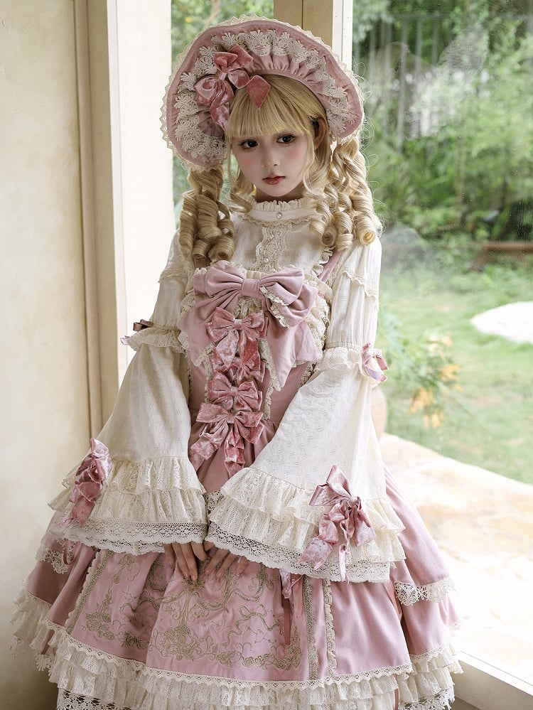 Lolita Kerzendekoration Kleid Schleifen JSK Samt Stickerei / Rosa