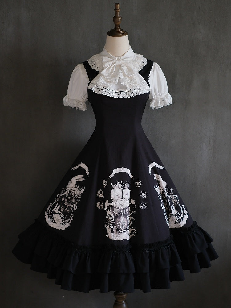 Dark Waist Dress Gothic Bunny Fit Slim Lolita Black Print
