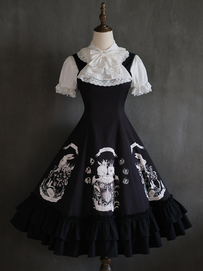 Dunkles Taillenkleid Gothic Bunny Fit Slim Lolita Schwarzer Druck