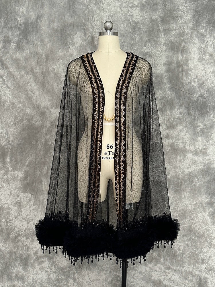 and Fringe Sheer Gold Tulle Black Beaded Cape Ouji with Lolita