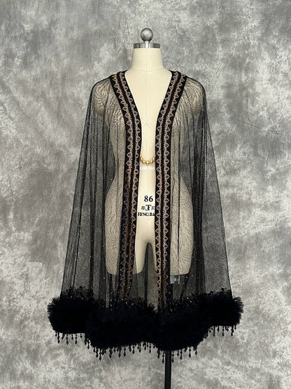 and Fringe Sheer Gold Tulle Black Beaded Cape Ouji with Lolita