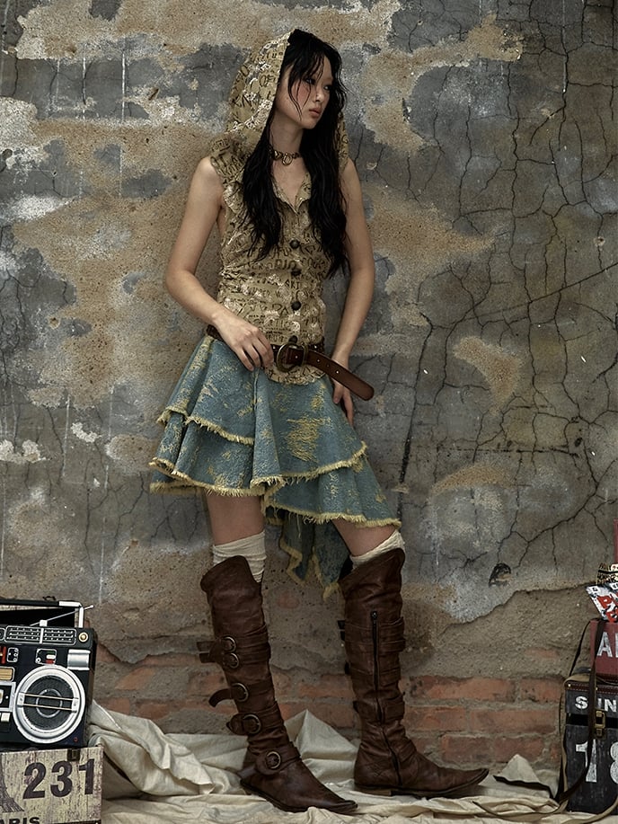 Buchstaben Khaki Top Denim Taschentuch Rock Punk Kapuzenkleid