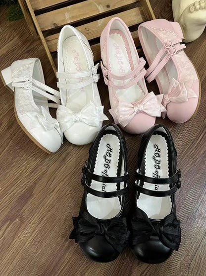 Accent Bow Double with Straps PU Round-Toe Heels Low Lolita White Elegant and