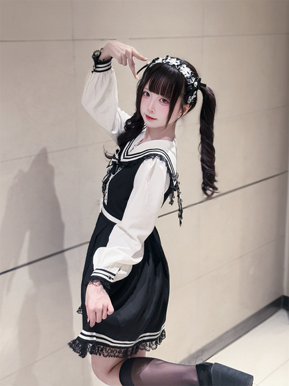 Jirai Bunny-Ear Lace Sailor with Dress White Long and Dress: Trim Kawaii Black Kei Collar Sleeve