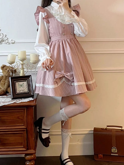 Rosa süßes, gestreiftes Kleid mit Schleife und Spitze, U-Ausschnitt über dem Knie