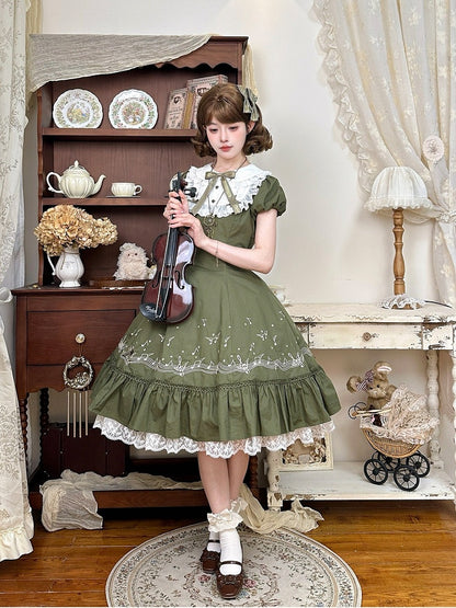 Embroidered Music Note Motif Green Dress with Puff Sleeves and Lace Collar - Surface Spell