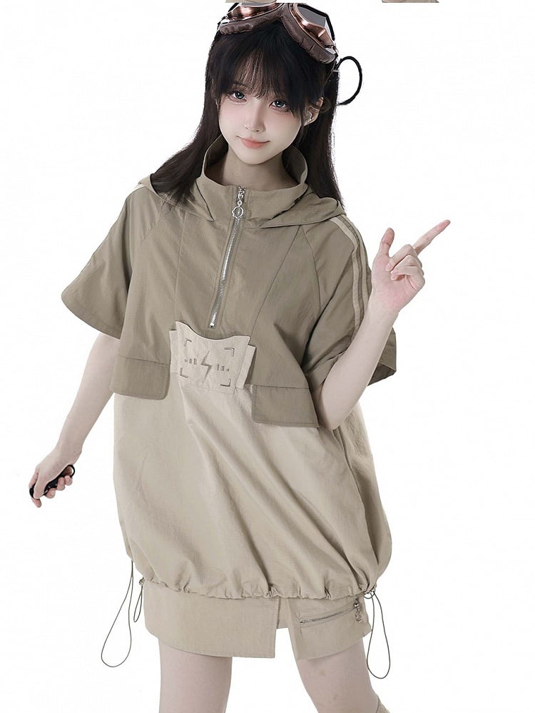 Khaki Colorblock Lightning Embroidery Drawstring Techwear Hooded T-shirt Hem