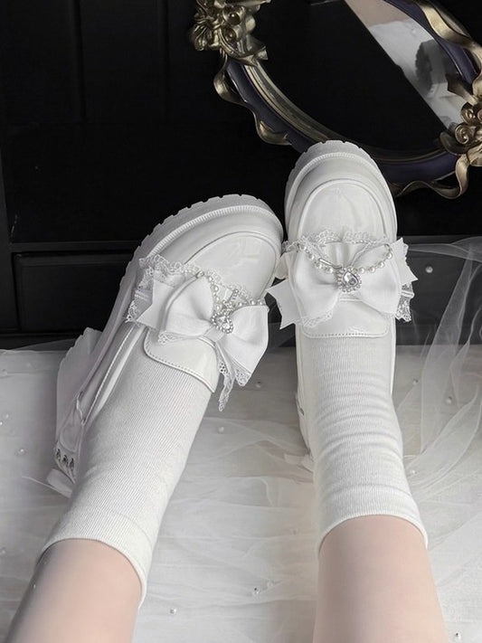 White Kawaii Shoes with Bow, Lace & Heart Crystal Detail - Sarina