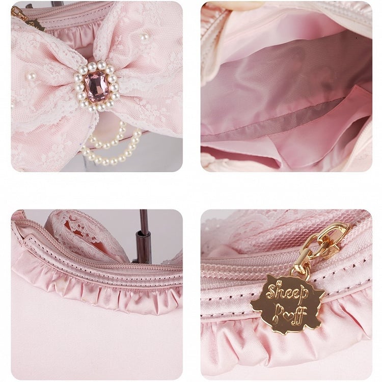Blue Sweet Lolita Satin Underarm Bag with Crystal Bow - Sheep Puff Bag